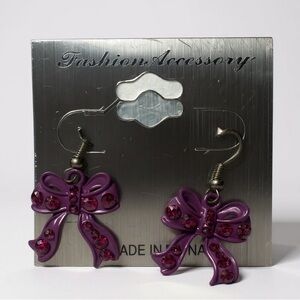 Chic Purple Bow Earrings with Pink Gems